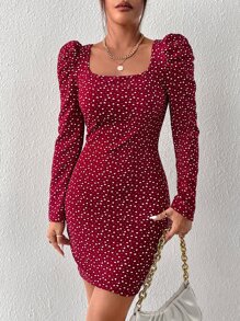 SHEIN Privé 愛心圖案泡泡袖波卡圓點緊身連衣裙 - 酒紅色 - 查看 5