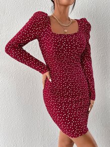 SHEIN Privé 愛心圖案泡泡袖波卡圓點緊身連衣裙 - 酒紅色 - 查看 3