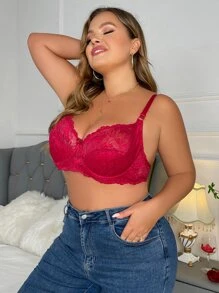 Plus Floral Lace Bow Front Underwire Bra - Burgundy - View 4