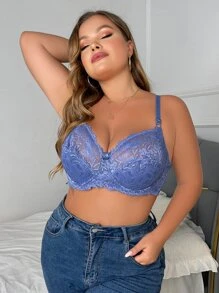 Plus Floral Lace Bow Front Underwire Bra - Dusty Blue - View 1