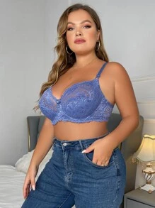 Plus Floral Lace Bow Front Underwire Bra - Dusty Blue - View 4