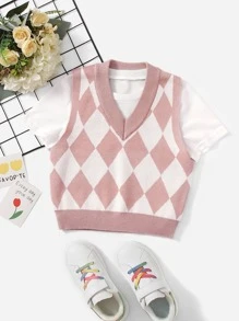 SHEIN Cô gái Tween 1 Miếng Họa tiết Argyle Áo len vest - Nhiều màu - Xem 1