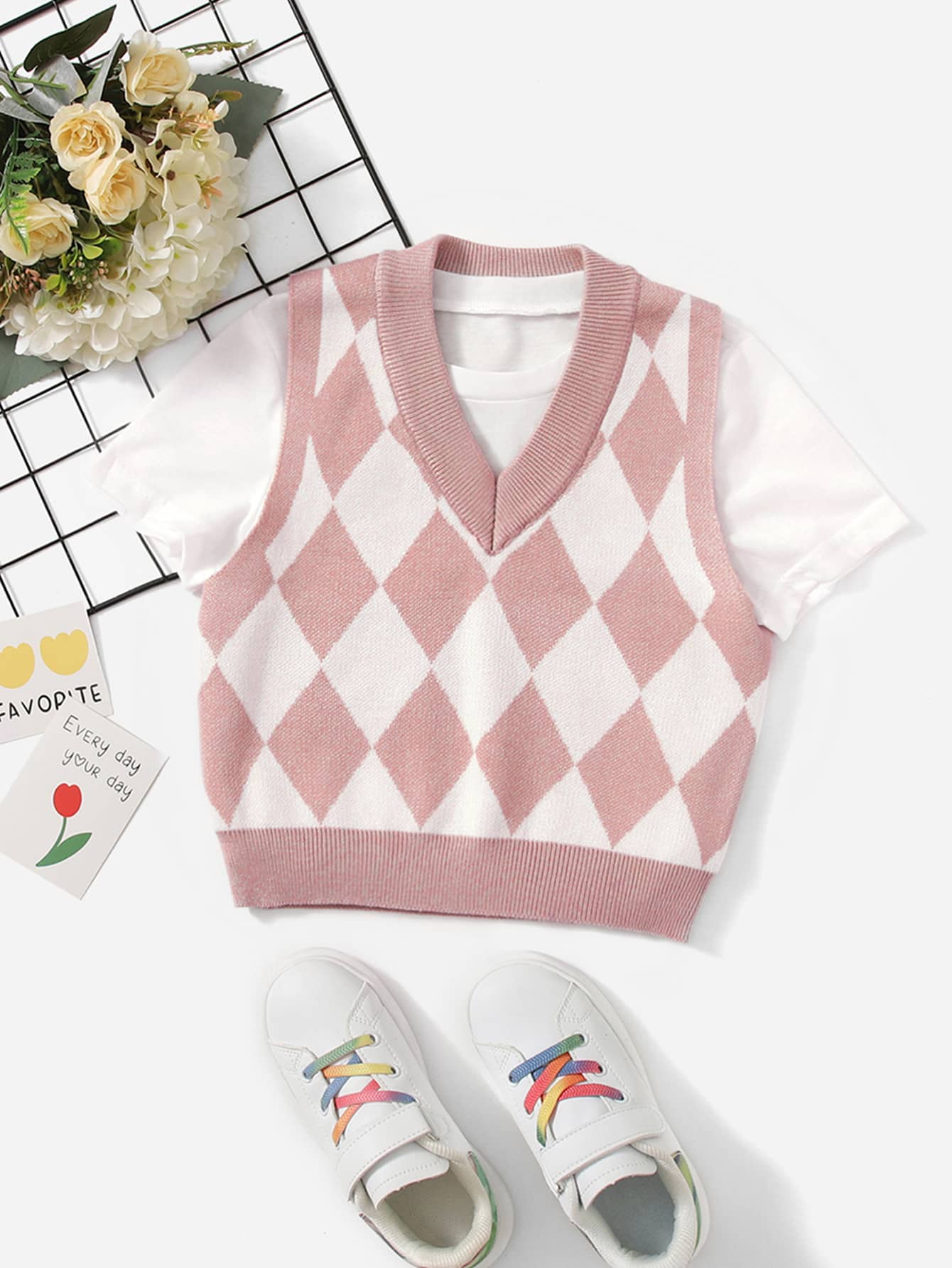 SHEIN Cô gái Tween 1 Miếng Họa tiết Argyle Áo len vest - Nhiều màu - Xem 1