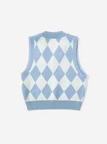 SHEIN Tween Girl 1pc Argyle Pattern Sweater Vest - Blue and White - View 2