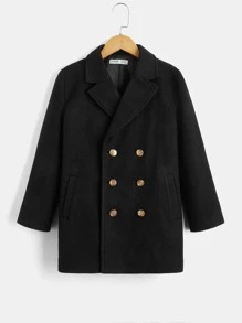 SHEIN Boys Double Breasted Overcoat - Black - View 2