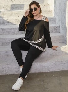 Mulvari Bộ thời trang Plus Size Bất đối xứng In hoa Báo Giải trí - màu đen - Xem 4