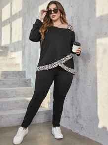 Mulvari Bộ thời trang Plus Size Bất đối xứng In hoa Báo Giải trí - màu đen - Xem 5