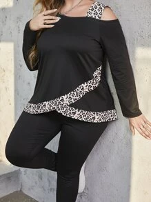 Mulvari Bộ thời trang Plus Size Bất đối xứng In hoa Báo Giải trí - màu đen - Xem 6
