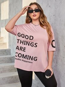 Mulvari Plus Slogan Graphic Drop Shoulder Tee & Leggings - Multicolor - View 4