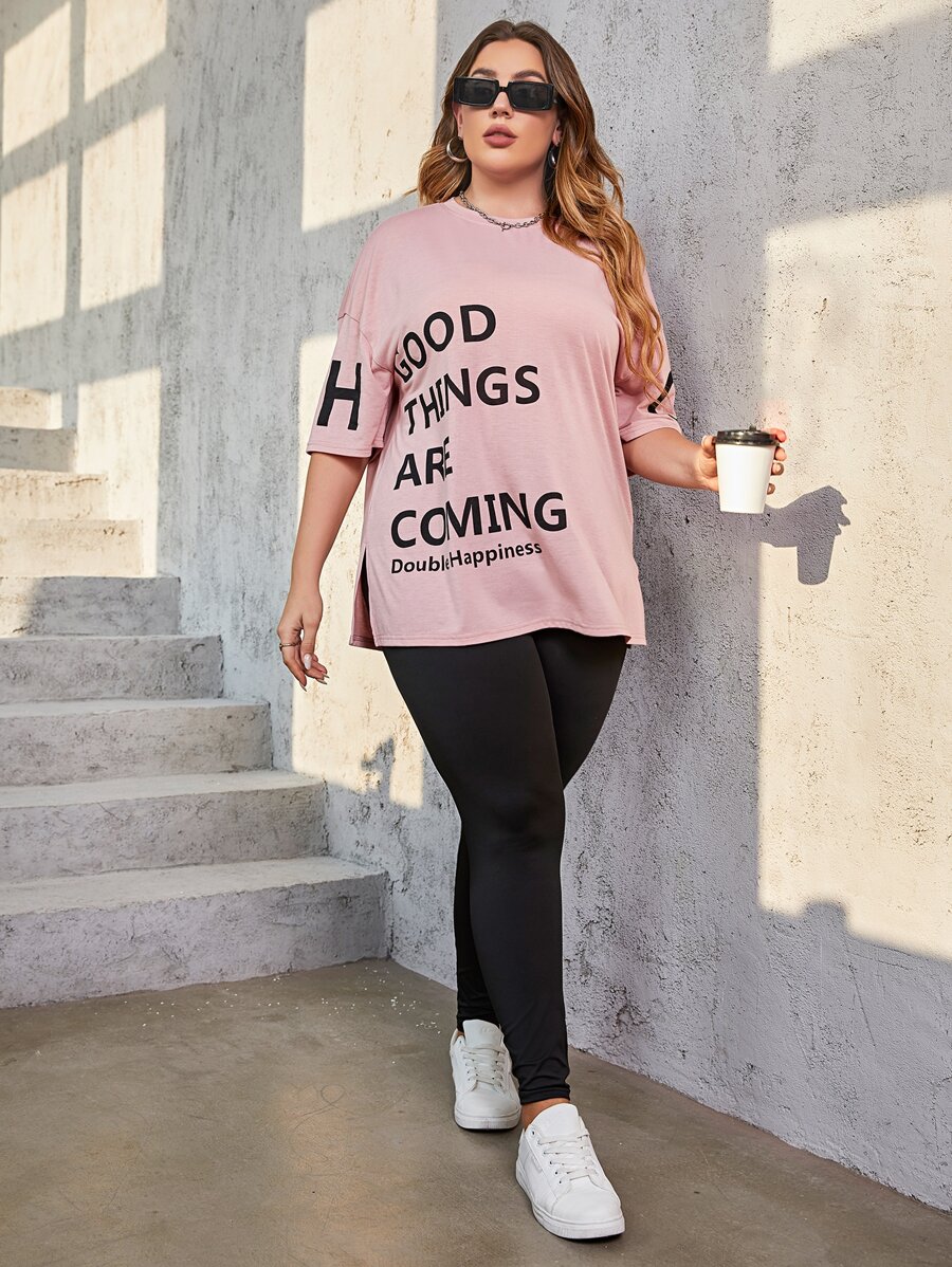 Mulvari Plus Slogan Graphic Drop Shoulder Tee & Leggings - Multicolor - View 1