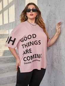 Mulvari Plus Slogan Graphic Drop Shoulder Tee & Leggings - Multicolor - View 3