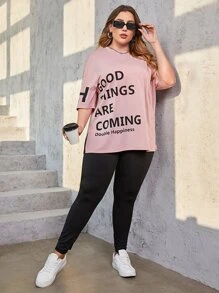 Mulvari Plus Slogan Graphic Drop Shoulder Tee & Leggings - Multicolor - View 5