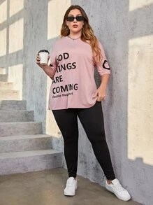 Mulvari Plus Slogan Graphic Drop Shoulder Tee & Leggings - Multicolor - View 6