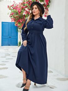 Modelyn Plus Solid Flap Detail Belted Dress - Navy Blue - View 1