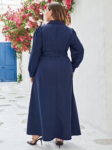 Modelyn Plus Solid Flap Detail Belted Dress - Navy Blue - View 2