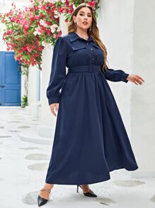 Modelyn Plus Solid Flap Detail Belted Dress - Navy Blue - View 3
