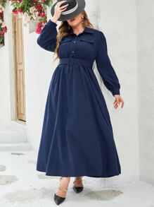 Modelyn Plus Solid Flap Detail Belted Dress - Navy Blue - View 4