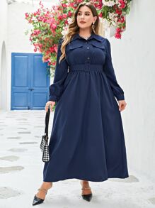 Modelyn Plus Solid Flap Detail Belted Dress - Navy Blue - View 6