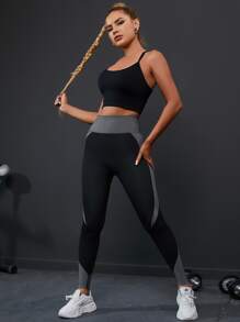 Yoga Futuristic Contrast Colour Panel Yoga Leggings Absorbs Sweat Breathable Textured Gym Tights - Black - View 3