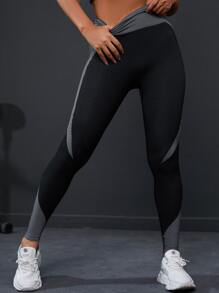 Yoga Futuristic Contrast Colour Panel Yoga Leggings Absorbs Sweat Breathable Textured Gym Tights - Black - View 4