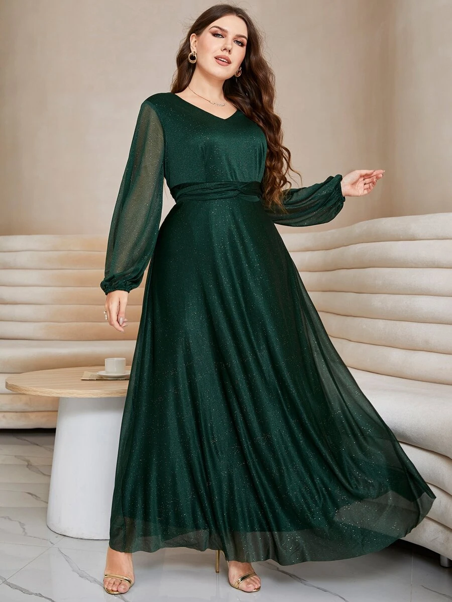 Modelyn Plus Twist Bishop Sleeve Mesh Dress Women Outfit Long Evening Dresses Fall Cloth For Women