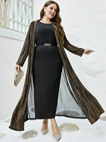 Modelyn Plus Open Front Sequins Coat & Belted Bodycon Dress - Multicolor - View 6