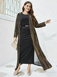 Modelyn Plus Open Front Sequins Coat & Belted Bodycon Dress - Multicolor - View 4