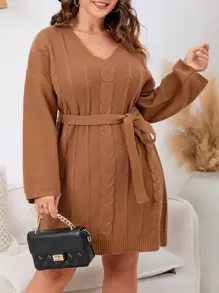 Plus Drop Shoulder Cable Knit Belted Sweater Dress