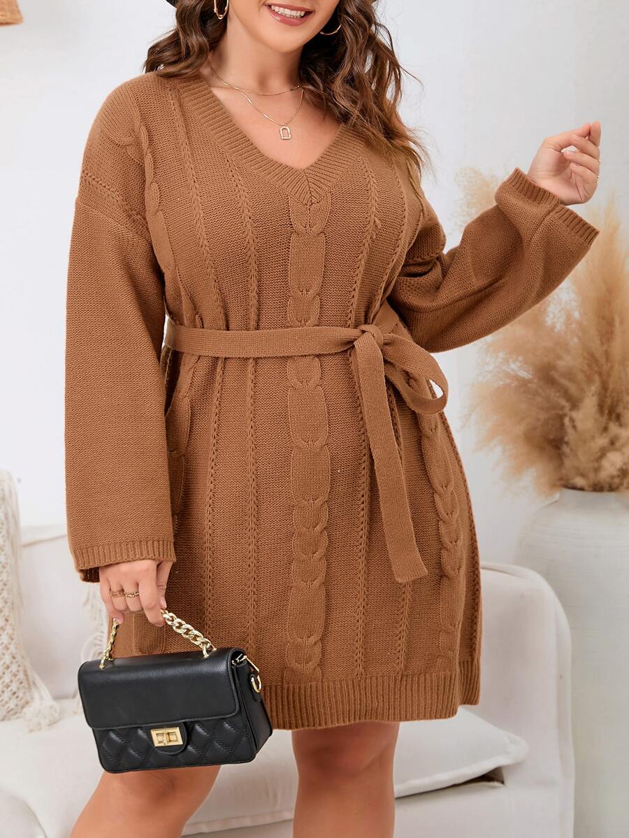 Plus Drop Shoulder Cable Knit Belted Sweater Dress