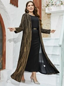 Modelyn Plus Open Front Sequins Coat & Belted Bodycon Dress - Multicolor - View 5