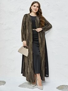 Modelyn Plus Open Front Sequins Coat & Belted Bodycon Dress - Multicolor - View 1