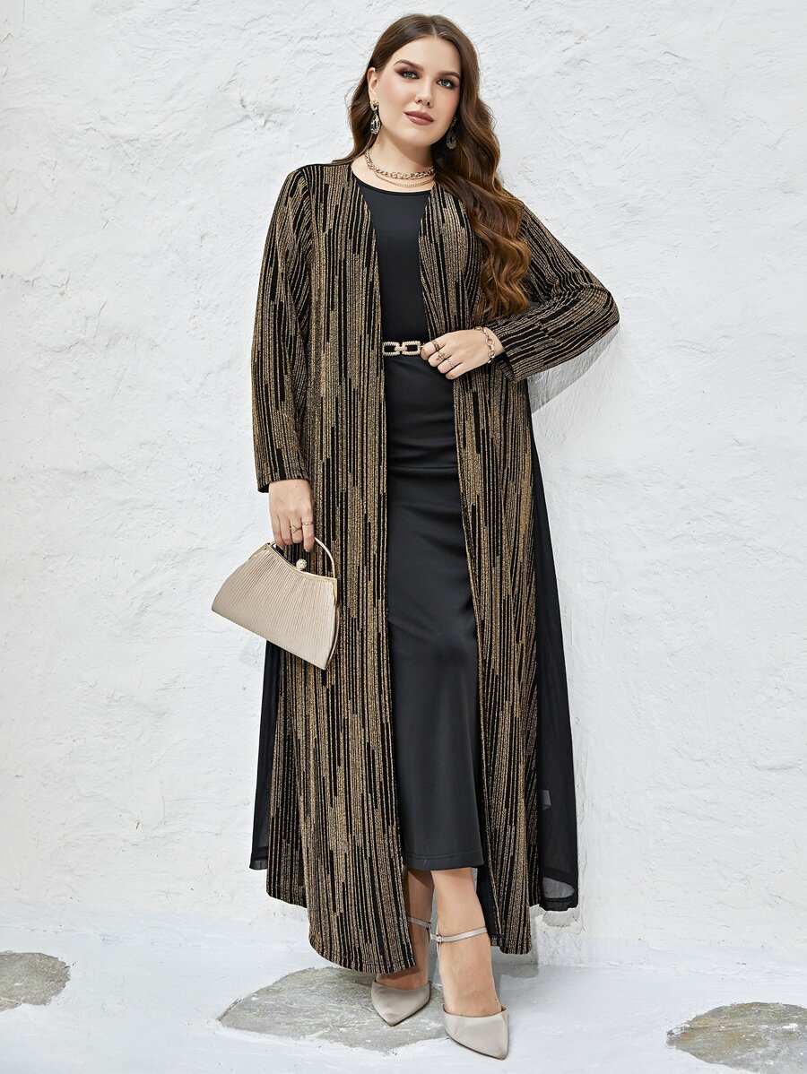 Modelyn Plus Open Front Sequins Coat & Belted Bodycon Dress - Multicolor - View 1