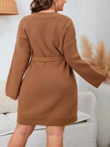 Plus Drop Shoulder Cable Knit Belted Sweater Dress