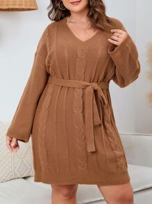 Plus Drop Shoulder Cable Knit Belted Sweater Dress
