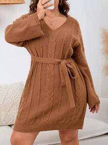 Plus Drop Shoulder Cable Knit Belted Sweater Dress