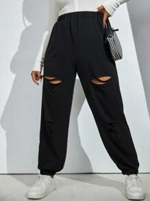 Flirla Plus Cut Out Elastic Waist Joggers - Black - View 2