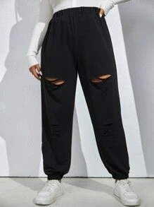 Flirla Plus Cut Out Elastic Waist Joggers - Black - View 4