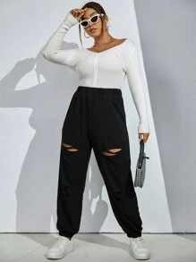 Flirla Plus Cut Out Elastic Waist Joggers - Black - View 5