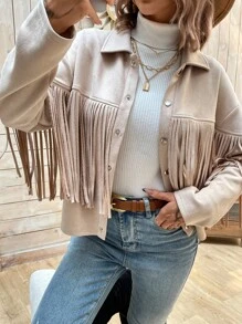 SHEIN VCAY Fringe Trim Drop Shoulder Suedette Jacket - Apricot - View 4