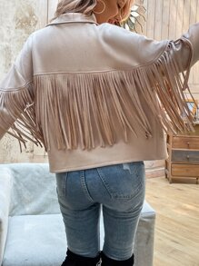 SHEIN VCAY Fringe Trim Drop Shoulder Suedette Jacket - Apricot - View 2