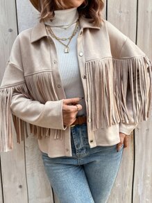 SHEIN VCAY Fringe Trim Drop Shoulder Suedette Jacket - Apricot - View 3