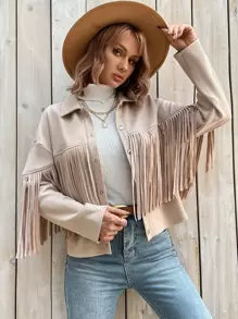 SHEIN VCAY Fringe Trim Drop Shoulder Suedette Jacket - Apricot - View 1