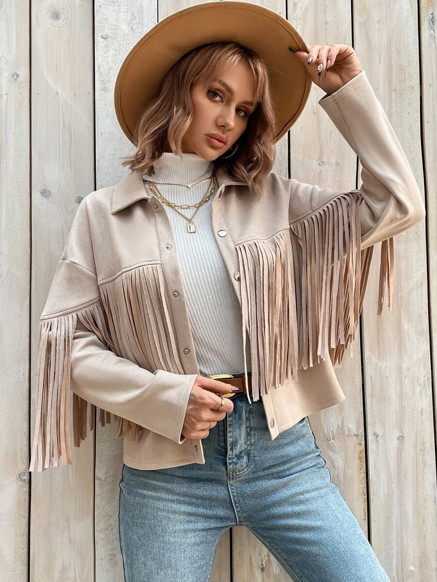 SHEIN VCAY Fringe Trim Drop Shoulder Suedette Jacket - Apricot - View 1