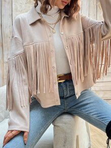 SHEIN VCAY Fringe Trim Drop Shoulder Suedette Jacket - Apricot - View 5