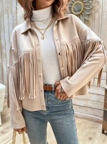 SHEIN VCAY Fringe Trim Drop Shoulder Suedette Jacket - Apricot - View 6