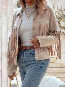 SHEIN VCAY Fringe Trim Drop Shoulder Suedette Jacket - Apricot - View 7