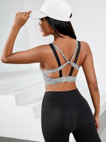 Yoga Trendy Dalmatian Print Twist Back Sports Bra - Grey - View 1