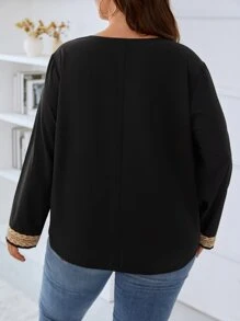 SHEIN LUNE Áo sơ mi Plus Size Tương phản ren màu trơn Giải trí - màu đen - Xem 2