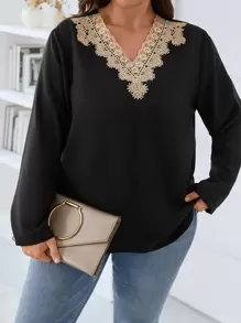 SHEIN LUNE Plus Guipure Lace Blouse - Black - View 3