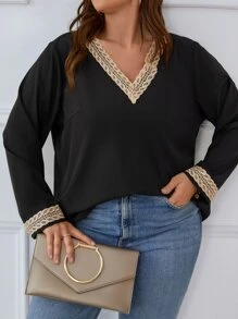 SHEIN LUNE Áo sơ mi Plus Size Tương phản ren màu trơn Giải trí - màu đen - Xem 3